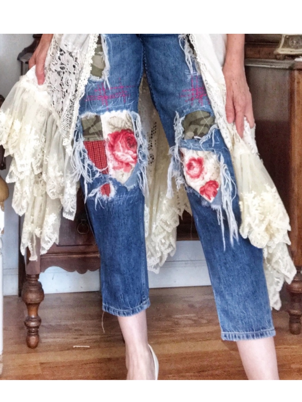 Topshop Moto Hayden One-Of-A-Kind Repurposed Distressed/Lace Jeans